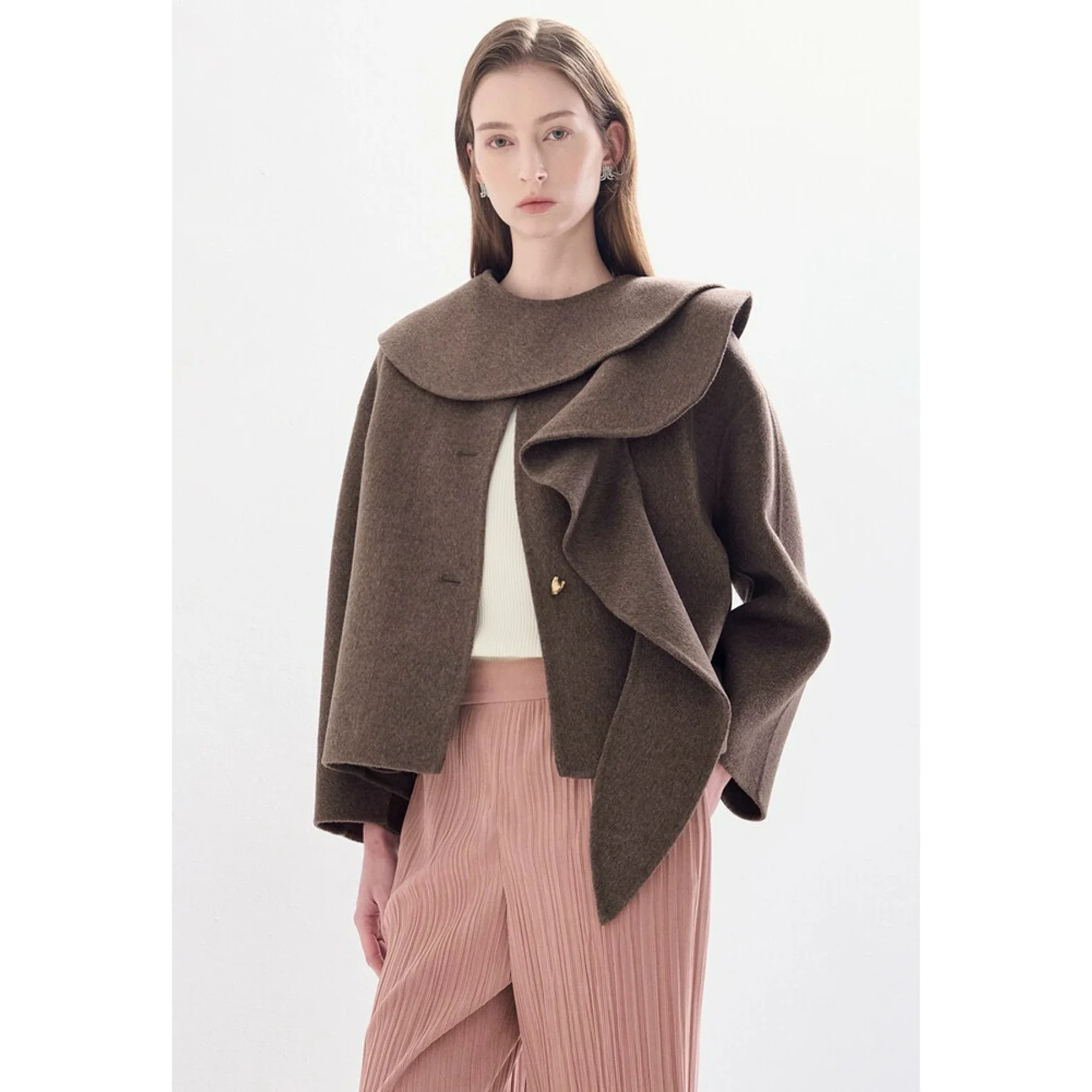 

Lemon Cheese LAN25 Winter Anti-Aging Detachable Lotus Le Collar Sweet Hand-Stitched Camere ort Woolen Coat for Women