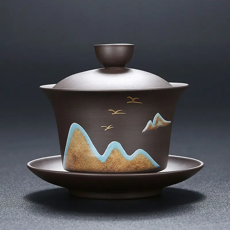 Purple Clay Gaiwan Distant Mountain Landscape Painting Sancai Tea Cup Retro Kung Fu Teaware Household for Meeting Room Reception