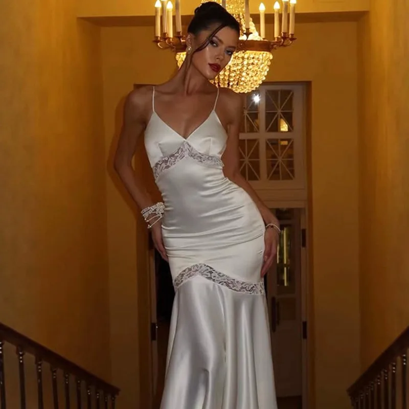 Tuularose ホワイトレースロングドレス女性のエレガントな V ネックレースパッチワークスリムホルタードレスファッション高級パーティーイブニングドレス