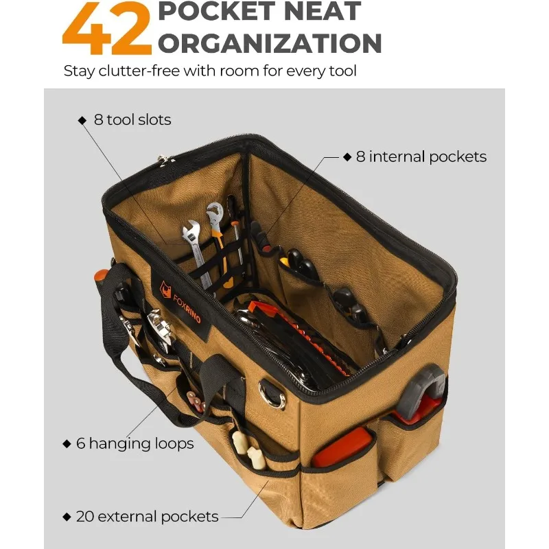 16 Inch Wide-Mouth Tool Bag, Heavy Duty Toolbag Organizer, Large Tool Tote Bags for Men & Women with Waterproof Molded Base image 3