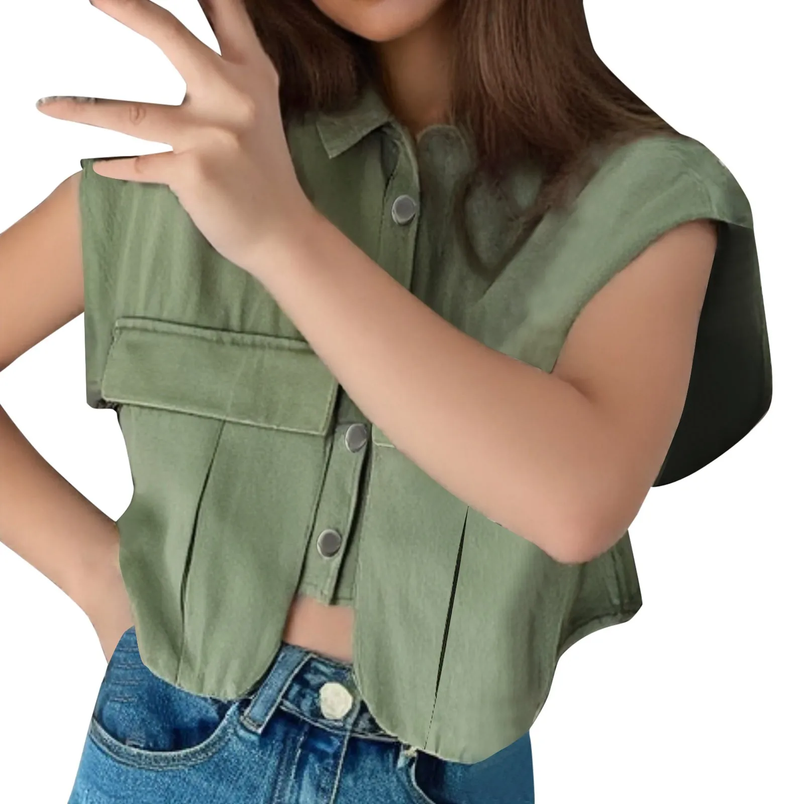 

Women Cropped Sleeveless Denim Shirt Double Layer Tight Tank Top For Women Multi Pockets Polo Collar Shirt Summer Crop Top
