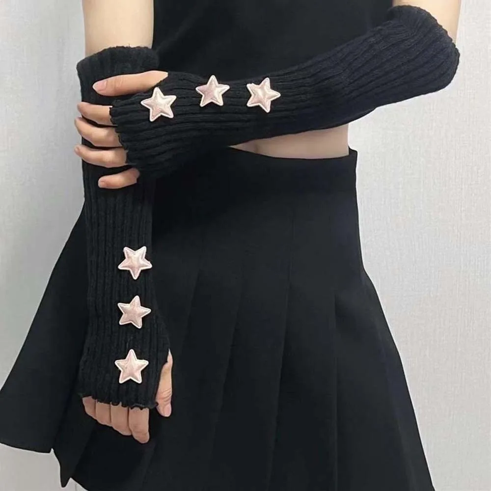 Maniche senza dita lavorate a maglia elastica tinta unita lunga copertura del braccio stella Y2K traspirante scaldino hip-hop polsino lungo festa