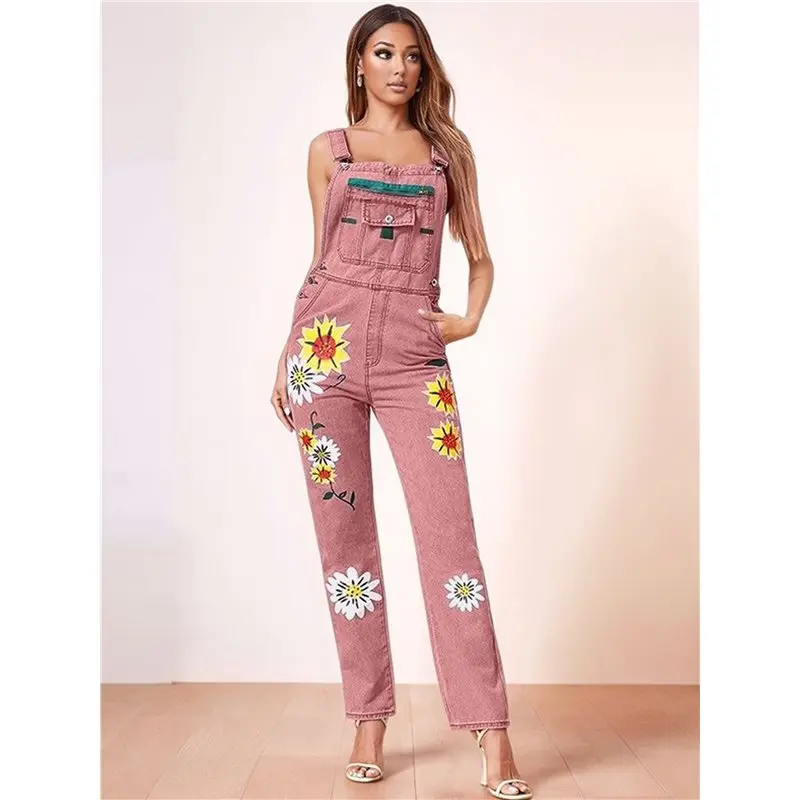 

ABRT-Women's Flower Print Stretch Jeans Long Denim Bib Overalls Cute Denim Strap Jumpsuits Pink XL