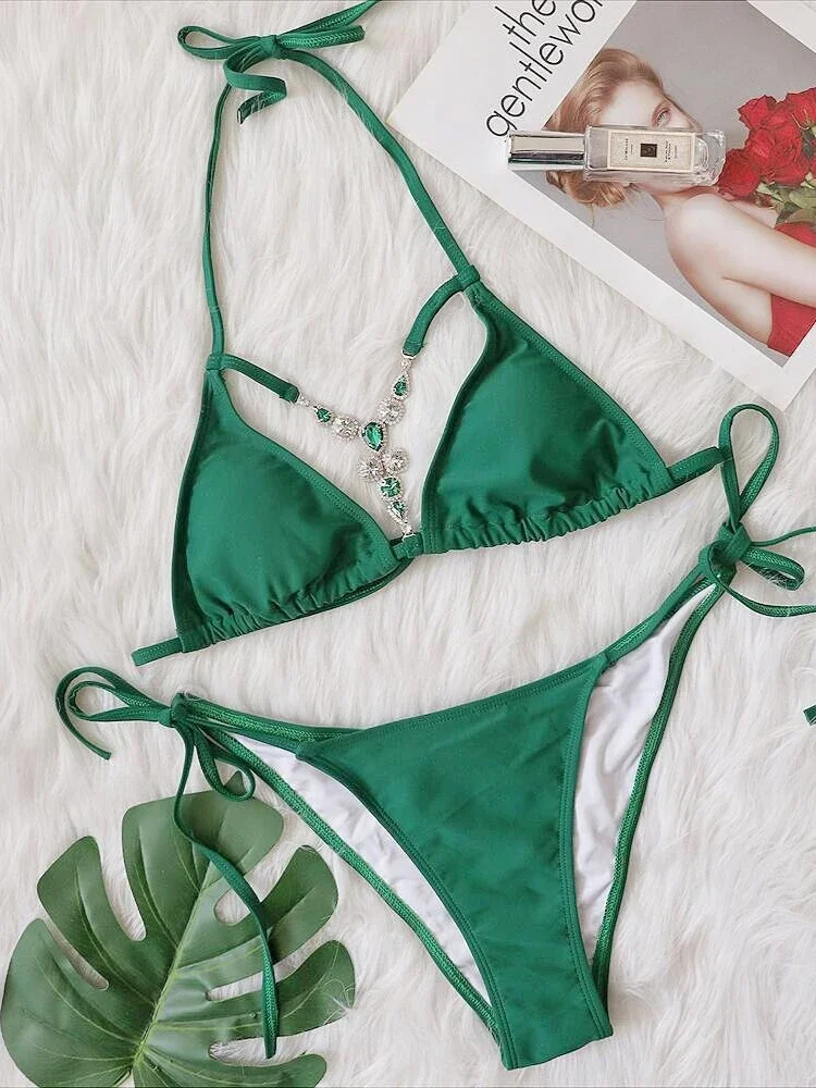 Badpak Sexy Hollow Out Luxe Strass Bikini Vrouwen Effen Kleur 2 Stuk Halter Trekkoord String Beachwear Badpak 2025