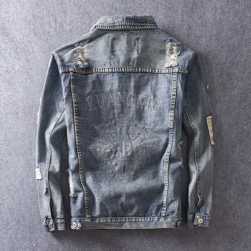 Denim Jackets Man with Embroidery Ripped Cowboy Coat for Men Hole Oversize Autumn Joker Low Price of Fabric Size L Clothing Rock