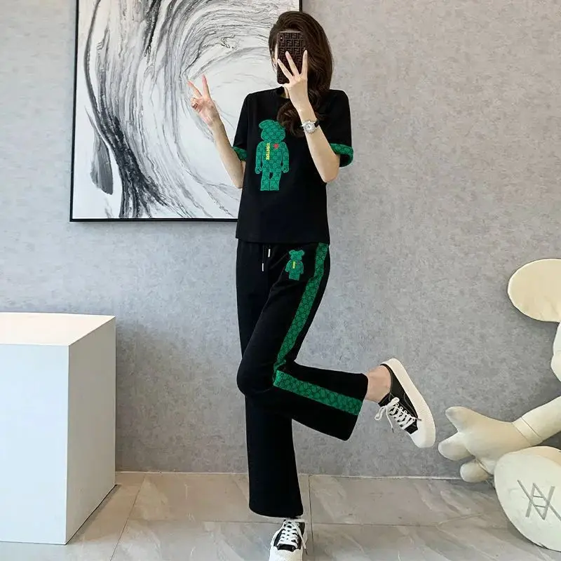 Women\'s Casual Korean Sweat Suits Spring Summer New Fashion Clothes Short Sleeved T-shirt Tops And Pants 2 Two Piece Sets Female