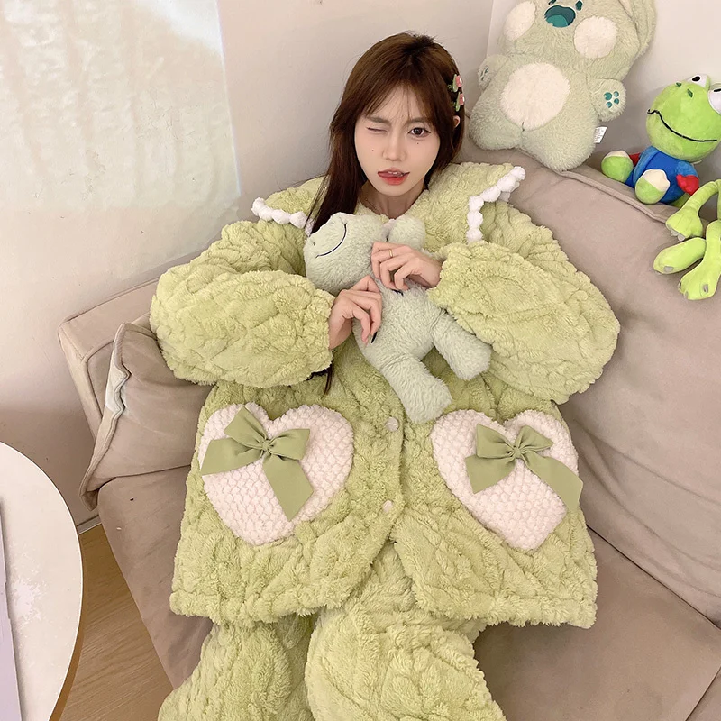 

Комплекты пижам с сердечками для женщин: флисовая подкладка, воротник, классический дизайн, теплые, толстые, на пуговицах, для повседневной носки, весенняя одежда для сна