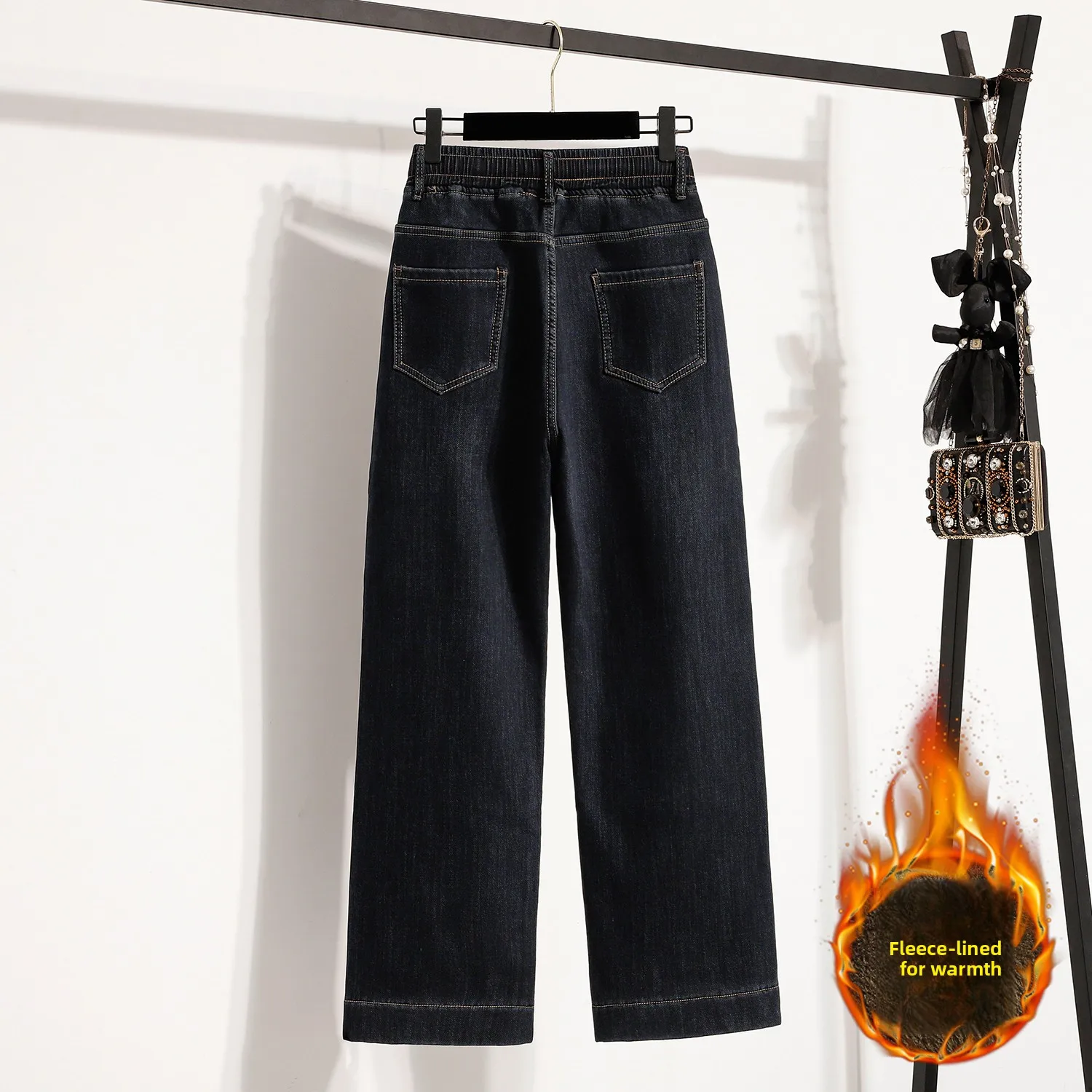 بالإضافة إلى حجم المرأة الشتاء Thiened Fce مستقيم الساق الجينز مرونة الخصر عارضة السراويل الطويلة القطن البوليستر مزيج بسط #3