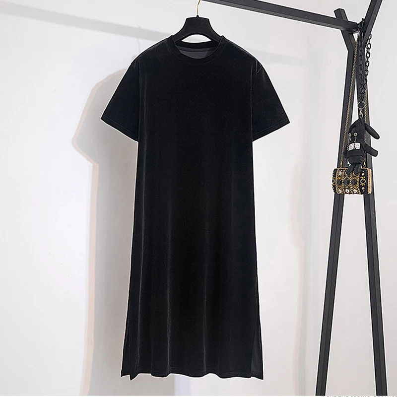 Women Velvet T-shirt Dresses Summer Female V Neck Short Sleeve Large Size Elegant A Line Black Calf Length Loose Split Vestidos