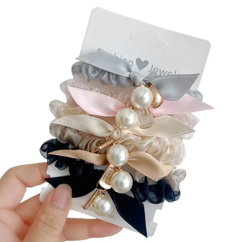 5 Stück, koreanischer Stil, süße Haarreifen mit Schleife, hochelastische Haargummis für Damen und Mädchen, schlichtes Haargummi mit Spitze, Haaraccessoires. – Detail 4