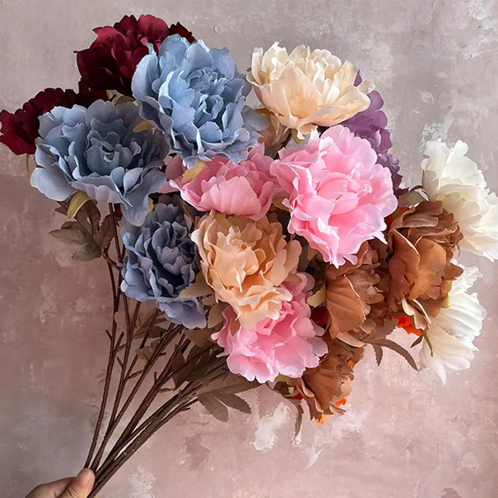 3 Heads Artificial Silk Peony Bouquet Luxury Home Decoration Wedding Flower Props Table Flower Photography Bride Fake Flowe J7u0