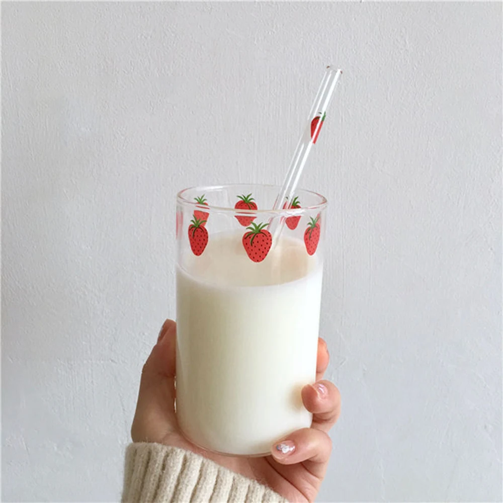 300ml Strawberry Cute Glass Cup With Straw Creative Transparent Water Cup Student Milk Heat Resistant Glass Nana