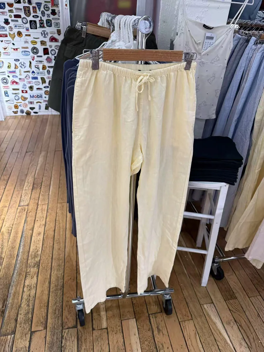 Novo amarelo cordão calças casuais mulheres verão cintura elástica fina streetwear moda estilo preppy doce perna larga calças y2k