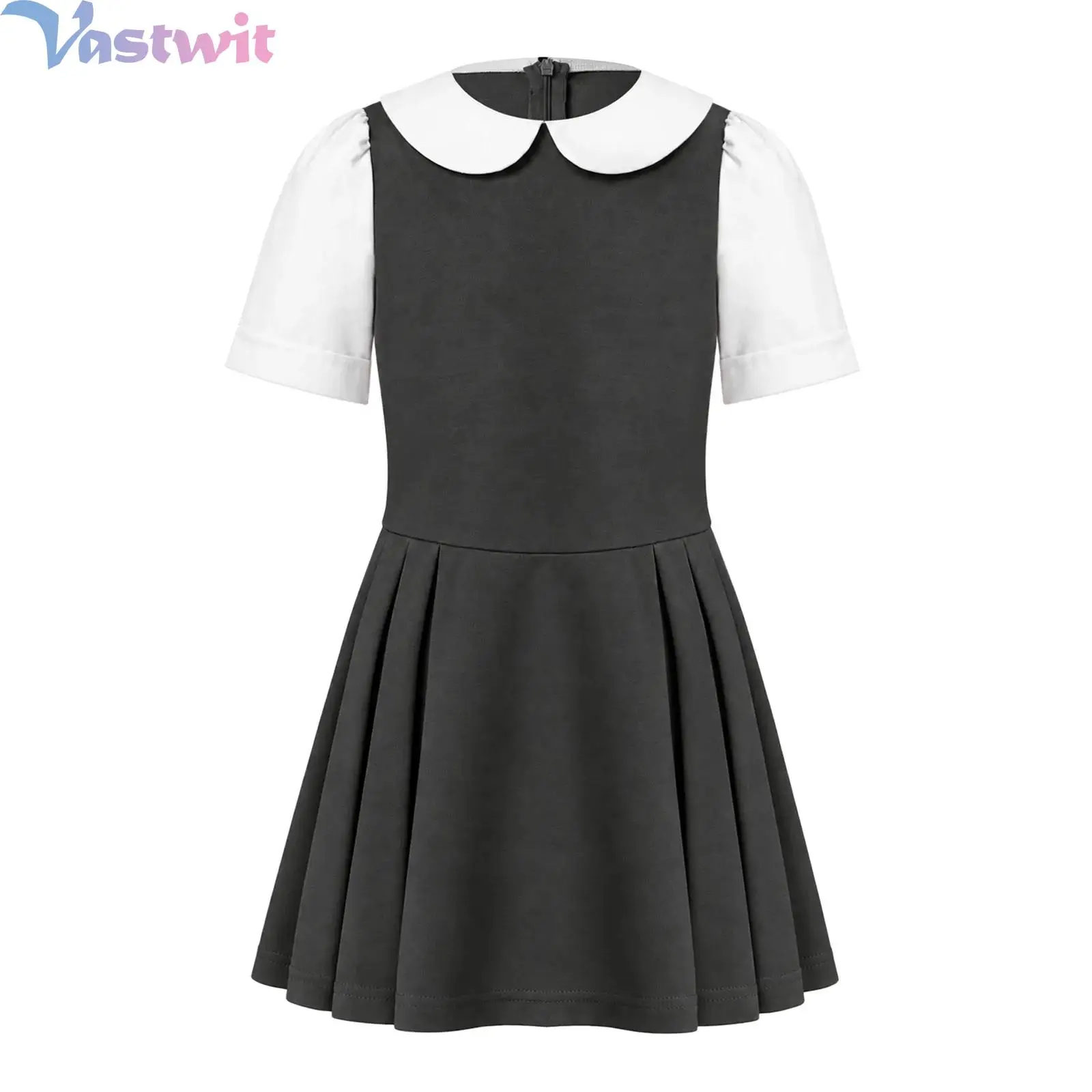 Kids Girls School Uniform Doll Collar Fak Two Piece Dress Academy Style Short Sleeve Back Invisible Zipper Pleated Dress