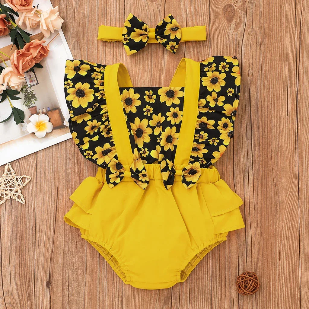 PatPat 2pcs Baby Girl Sunflower Floral Print Splice Yellow Layered Sleeveless Ruffle Romper with Headband Set