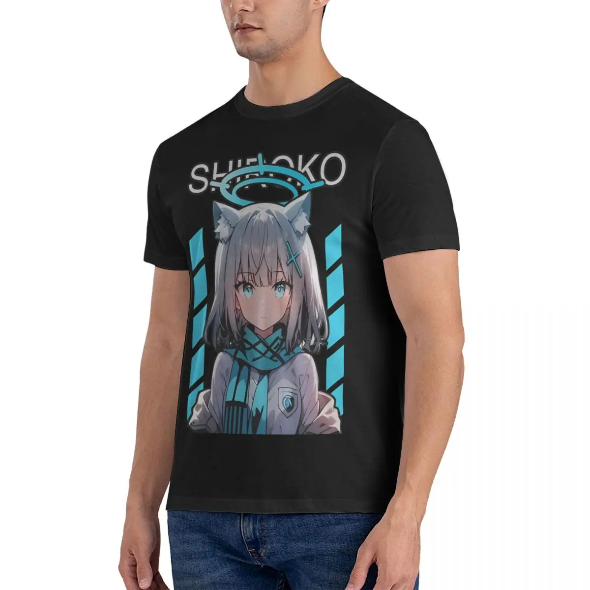 Men's T-Shirt Blue Archive Shiroko Stickers Sunaookami Shiroko Blue Archive Anime Leisure Cotton Tee Shirt Short Blue Archive