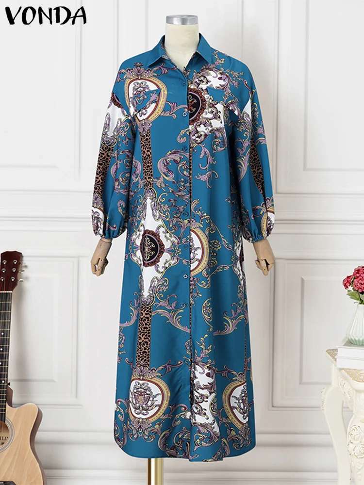 Plus Size 5XL VONDA Women Bohemian Maxi Long Dresses 2024 Vintage Lantern Sleeve Printed Vestidos Turn-down Collar Casual Robe