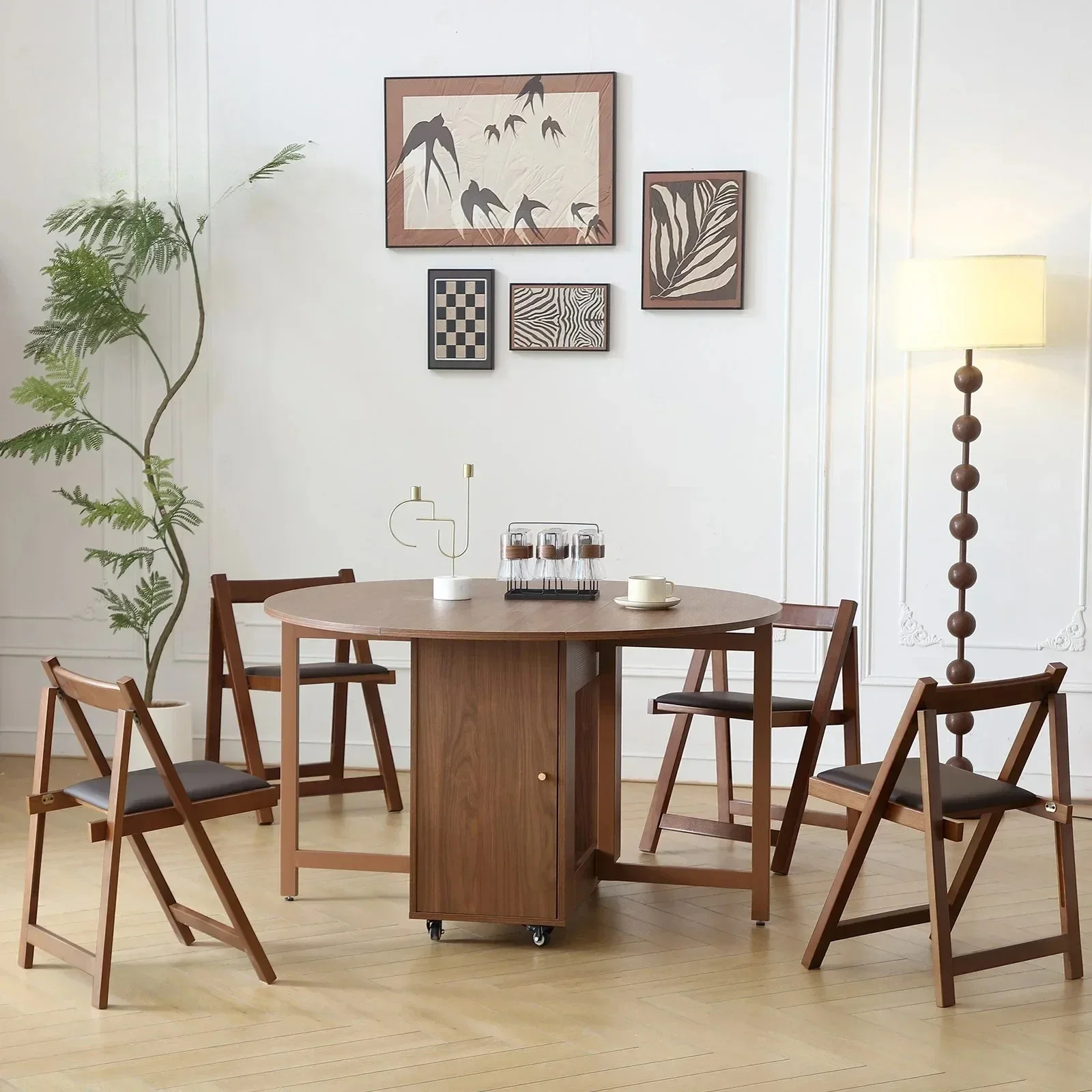 Fashion Folding Dining Table Furniture Multifunctional Round Dining Table with Dining Chairs  Space Saving Furniture， Wood Table