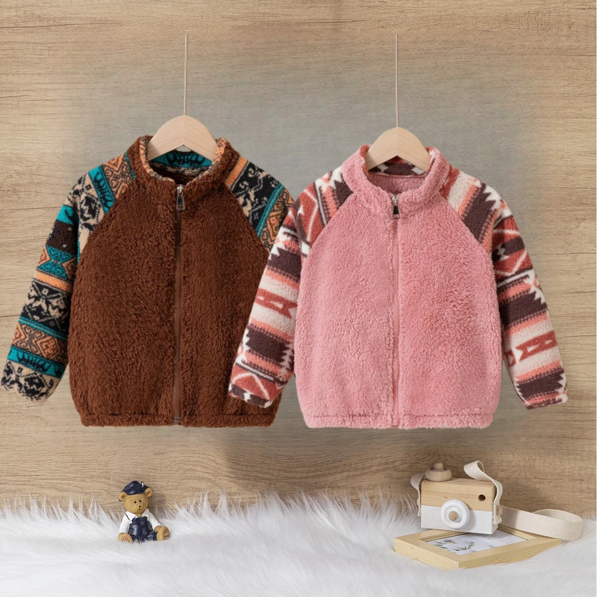 

3-8Y Boys Girls Ethnic Pattern Warm Zipper Coat 2025 Kids Double-Sided Fleece Patchwork Jacket Autumn Winter Casual Outerwear