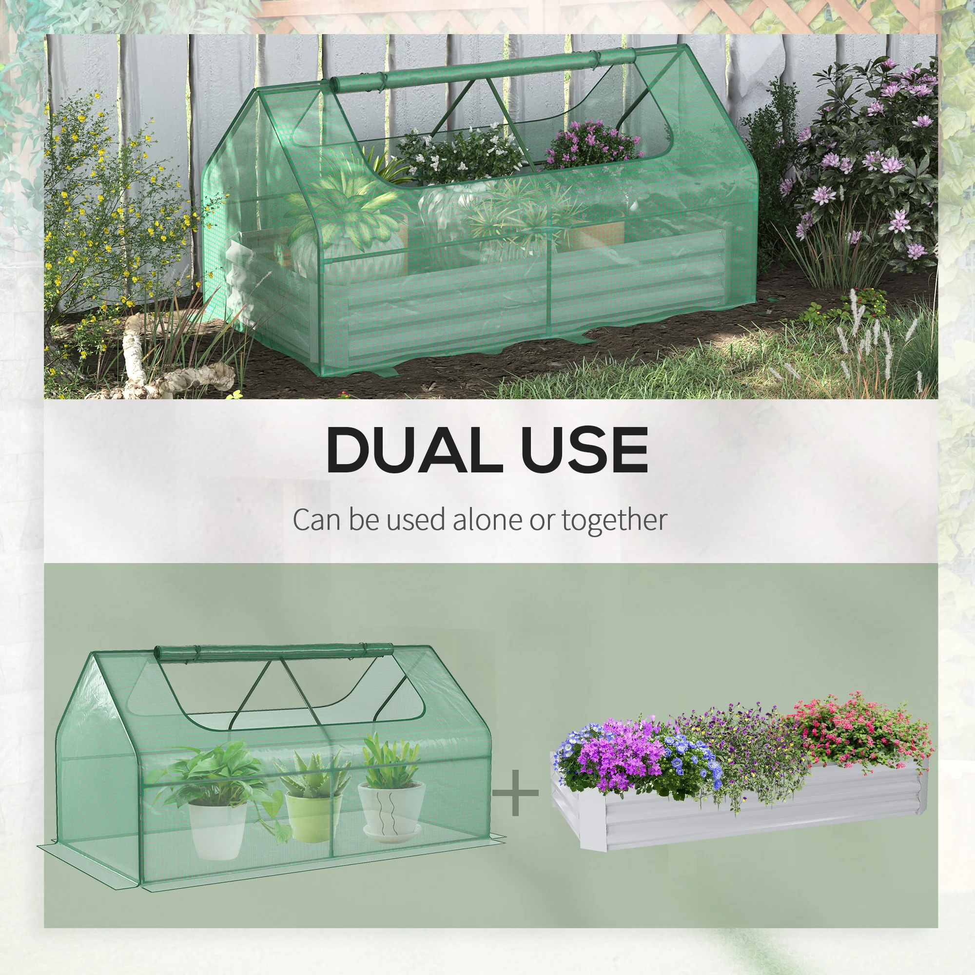 Steel Raised Garden Bed Planter Box Kit with Greenhouse, for Dual Use, Green