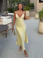 Yellow Satin Lace Dress Women Sexy V-neck Sleeveless High Waist Slim Suspenders Maxi Dresses 2026 Summer Lady Dinner Party Gown - Image 4