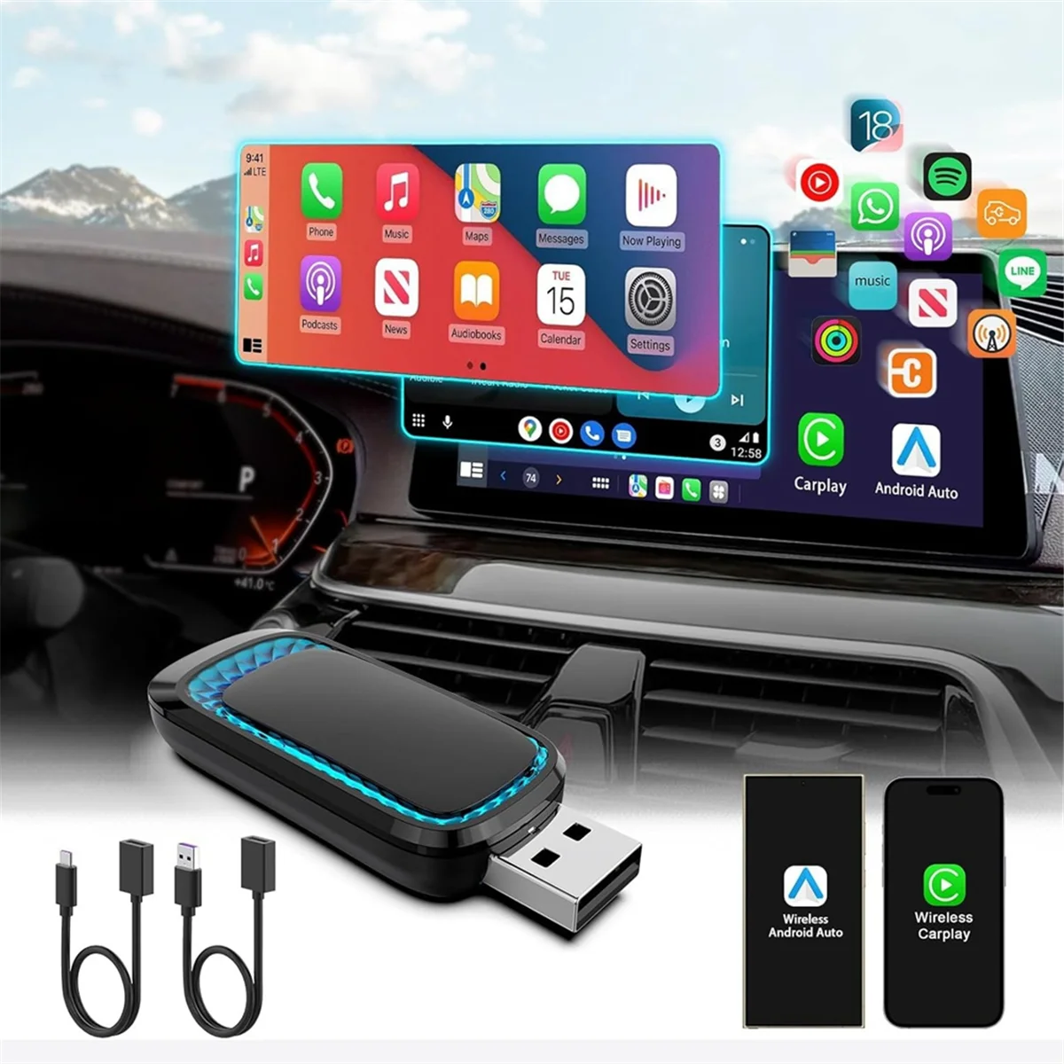 COTS-tWireless Carplay Adapter and Android Auto Wireless Adapter with Ambient Light, CarPlay Adapter for IOS 10+ & Android