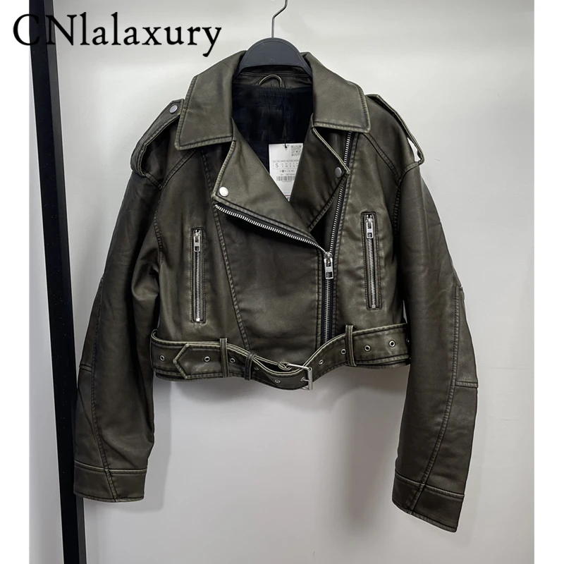 New Coal graysty le Women\'s washed leather jacket belt short coat zipper vintage jacket  chaquetas leather bike jacket women