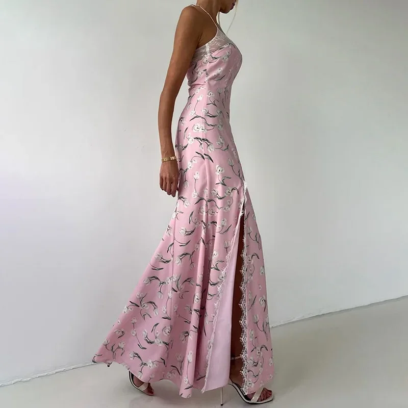 

Sleeveless Printed Long Dress For Women Lace Splice Sexy Halter Fashion Dress Slim Slit High Waist Banquet Dress Female