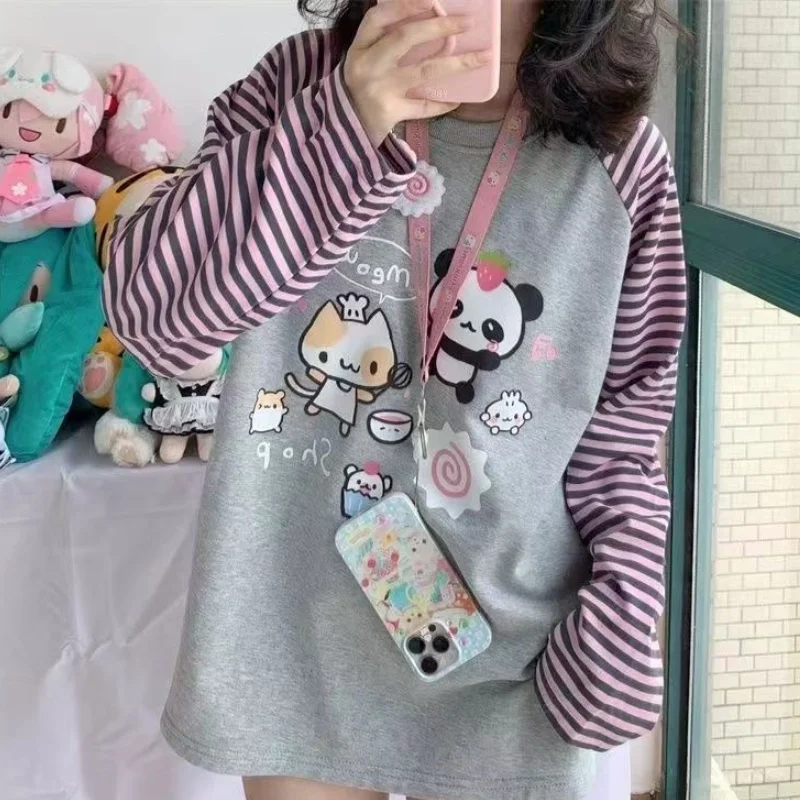 Japan Kawaii Cartoon Anime Print T-Shirt O-Neck Long Sleeve Top Youth Blouses Women\'s T-Shirt OTAKU Y2k Stripe Graphic T Shirts