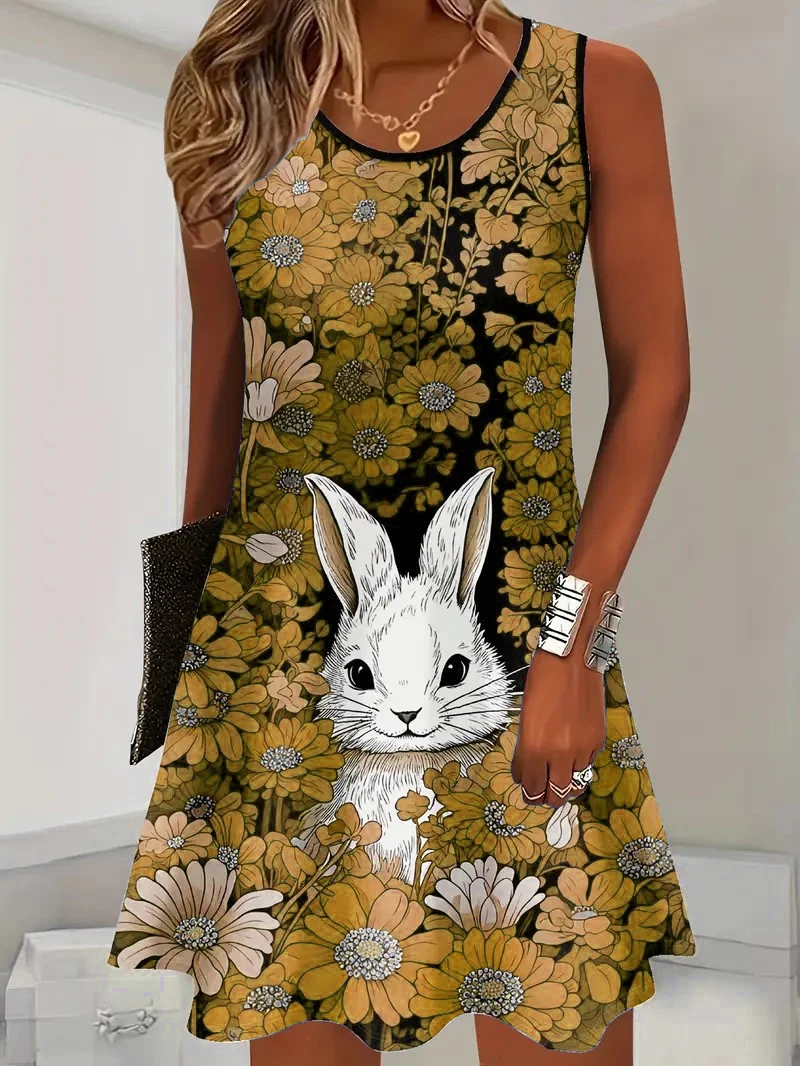 แฟชั่นดอกไม้และรูปแบบกระต่ายผู้หญิงมินิเดรสแขนกุด 3D พิมพ์ Street Hip Hop สุภาพสตรีชุด Y2k สุภาพสตรีเสื้อผ้า Tees