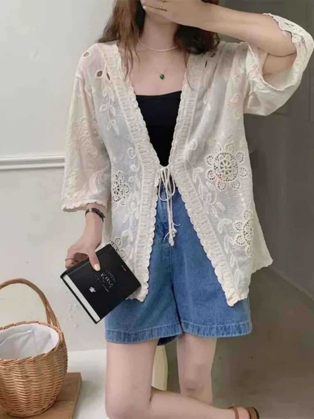 Elegant V-Neck Lace Embroidery Hollow out Knitted Cardigan plus Size 200 Pounds Nine-Quarter Sleeve Belted Splice Sun Protect...