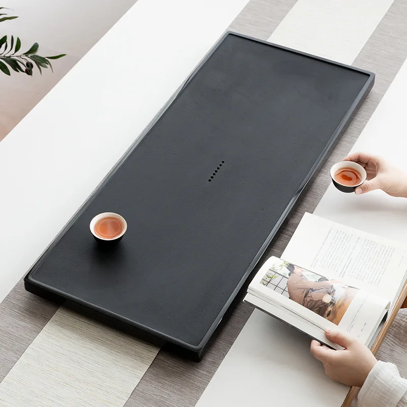 Simple Practical Ebony Stone Tea Tray Home Use Whole Stone Tea Tray with Drainage Pipe Home Gift