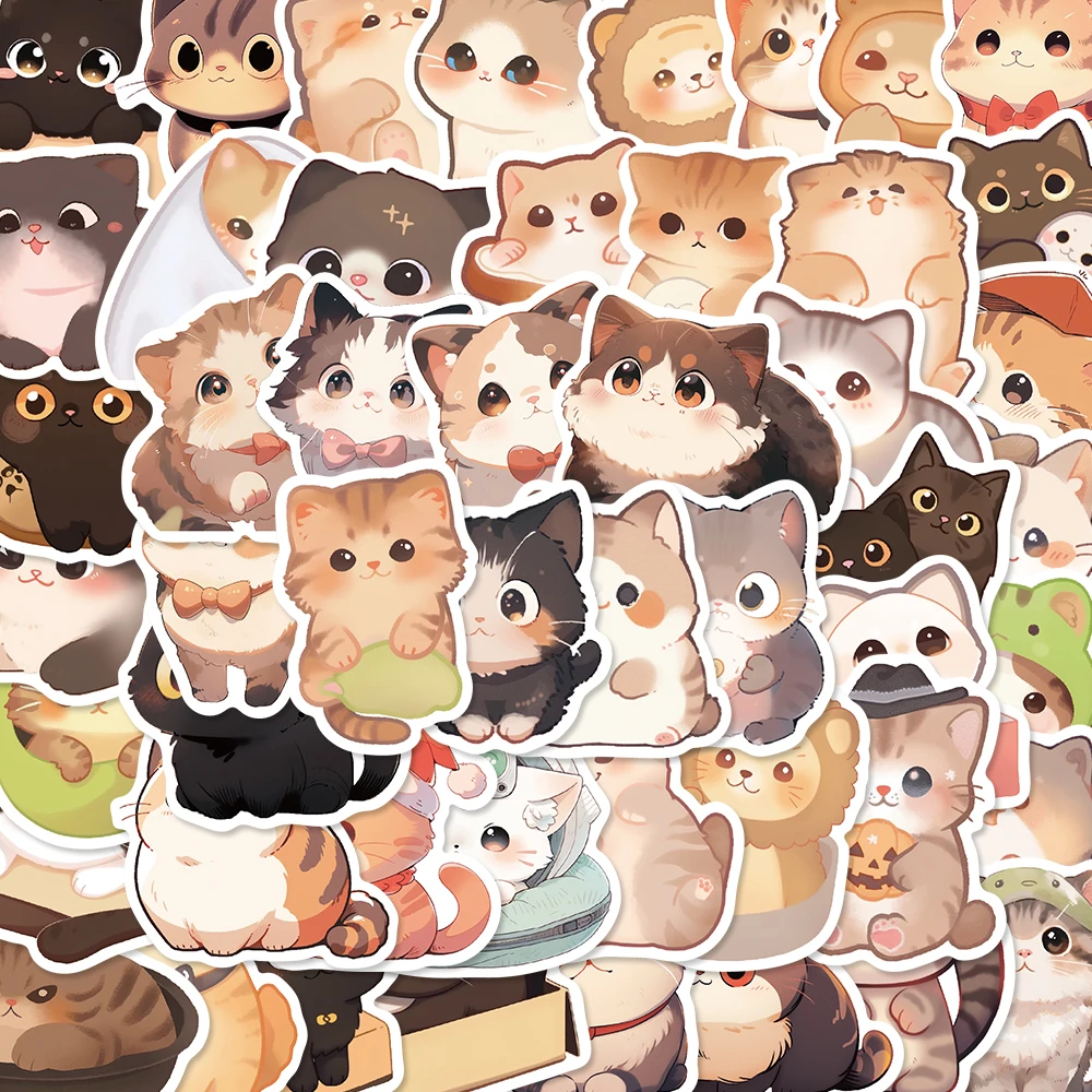 50PCS Cute Round Eyed Cat Stickers Cool DIY Guitar Luggage Phone Handbook Diary Motorcycle Car Cartoon Graffiti Sticker Gift