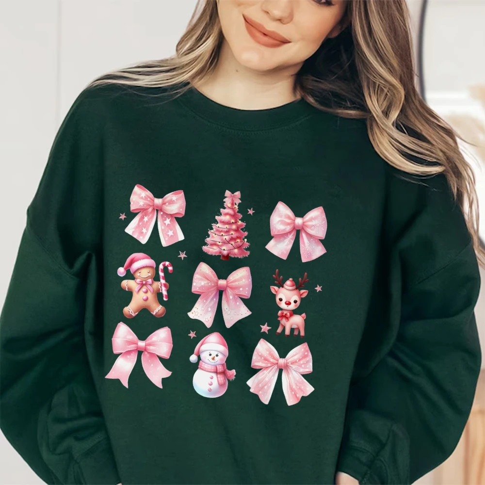 

Bow Print Pink Christmas Hoodie Atmosphere Print Sweatshirt New Year Clothing Outfit Y2K Style Spring & Autumn Styles Round Neck