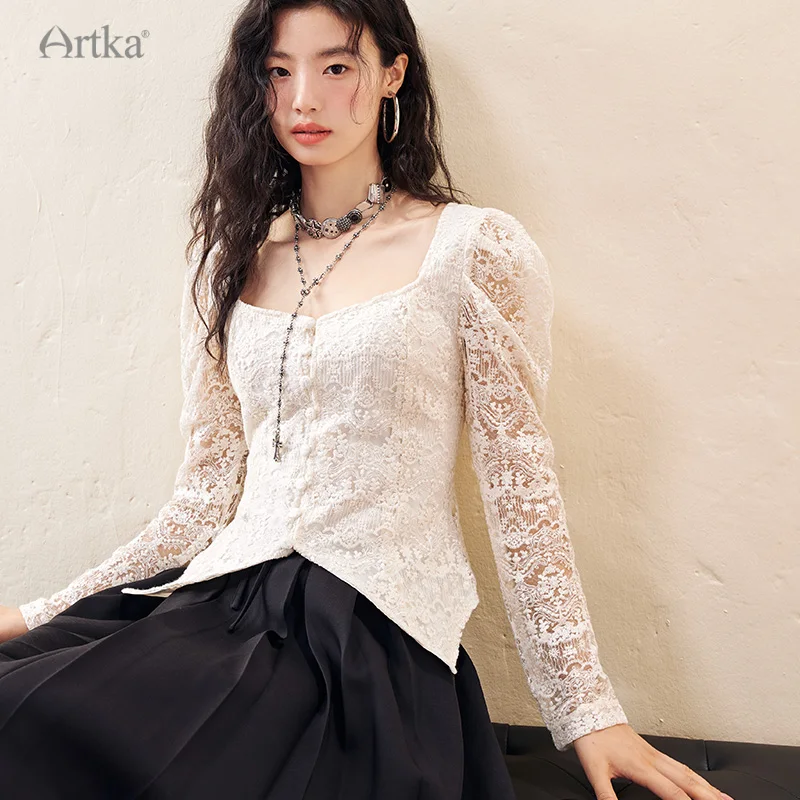 ARTKA 2023 Autumn New Women Blouse Elegant Palace Style Lace Embroidery White Shirt Lace Long Sleeve Square Neck Shirts SA92238Q