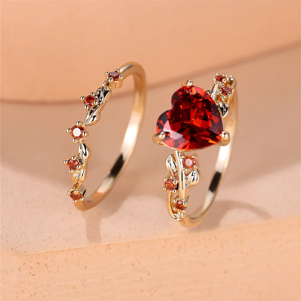 Conjuntos de anillos de corazón de piedra azul real Verde Negro rojo para mujer, Color oro rosa, bandas de boda de circón blanco, joyería para el día de la madre