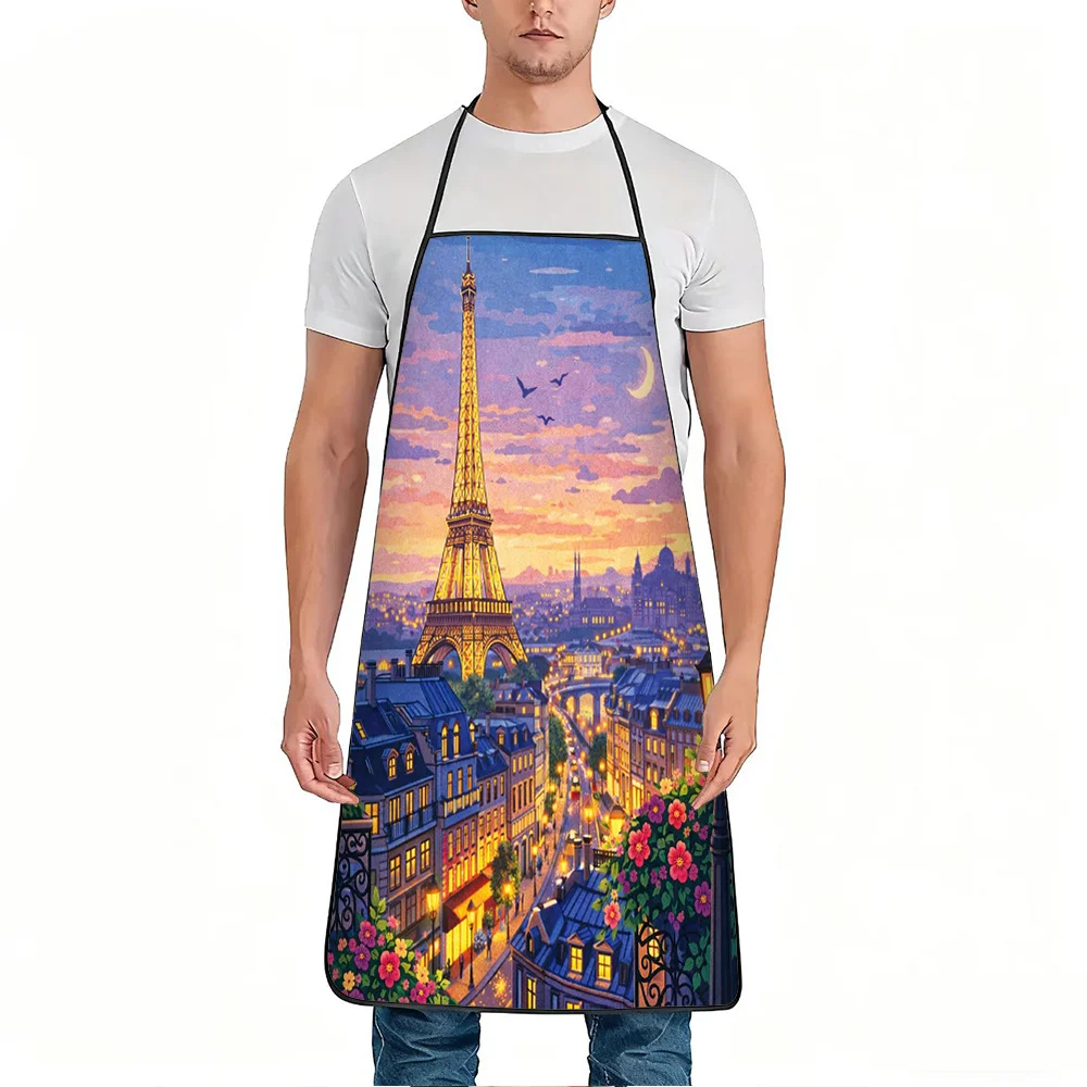 Paris Eiffel Tower Apron, Romantic Cityscape Sunset Kitchen Bib, Rose Flower Art Gift for Women Mom Cooking Baking Home Decor