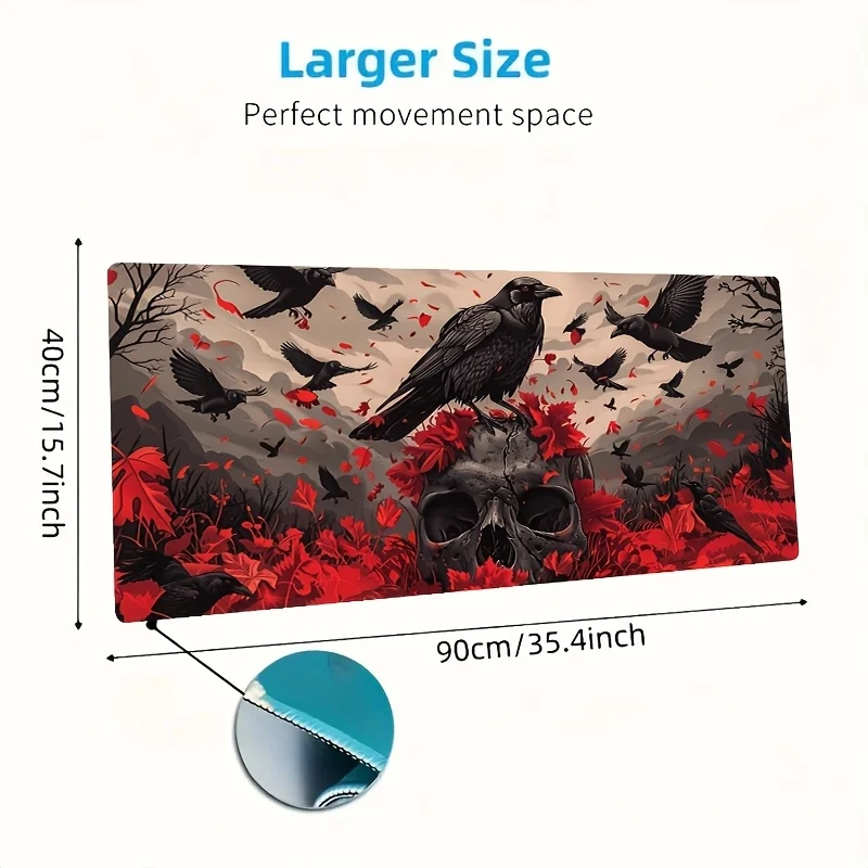 لوحة ماوس بتصميم جمجمة الغراب القوطية الكبيرة والغراب، عمل فني باللونين الأسود والأحمر للمكتب، ملحقات مكتب الألعاب، سجادة مكتب متينة #5
