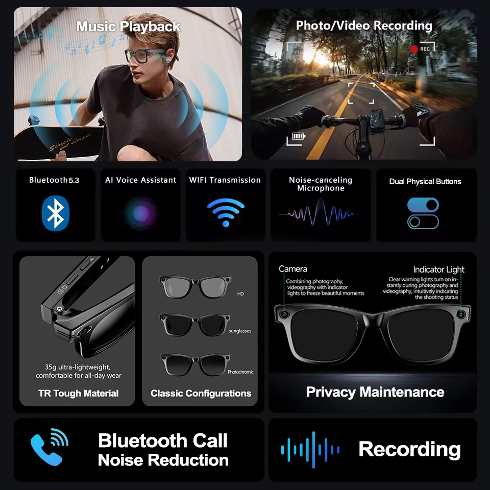 2026 AI Hot Sale Smart Glasses for Men Women 8MP 4K Camera POV 1080P Video Recording AI Translation WIFI Bluetooth Audio Glasses