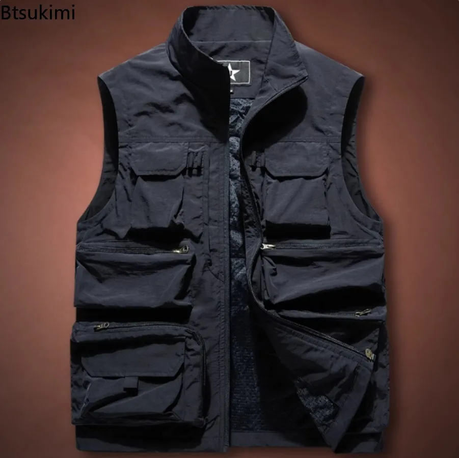 2025 New Men's Vest Tactical Webbed Gear Coat Summer Photographer Waistcoat Tool Many Pocket Mesh Work Sleeveless Jacket Male
