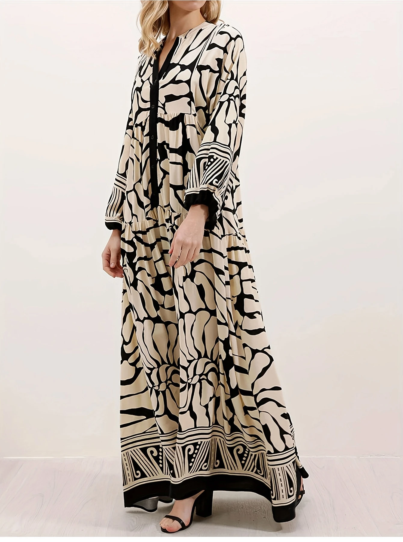 Faionable Casual Stampato V-Ne Lungo Sve Dr Vita ampia Gonna a trapezio Tessuto in poliestere Estate Donna Dr