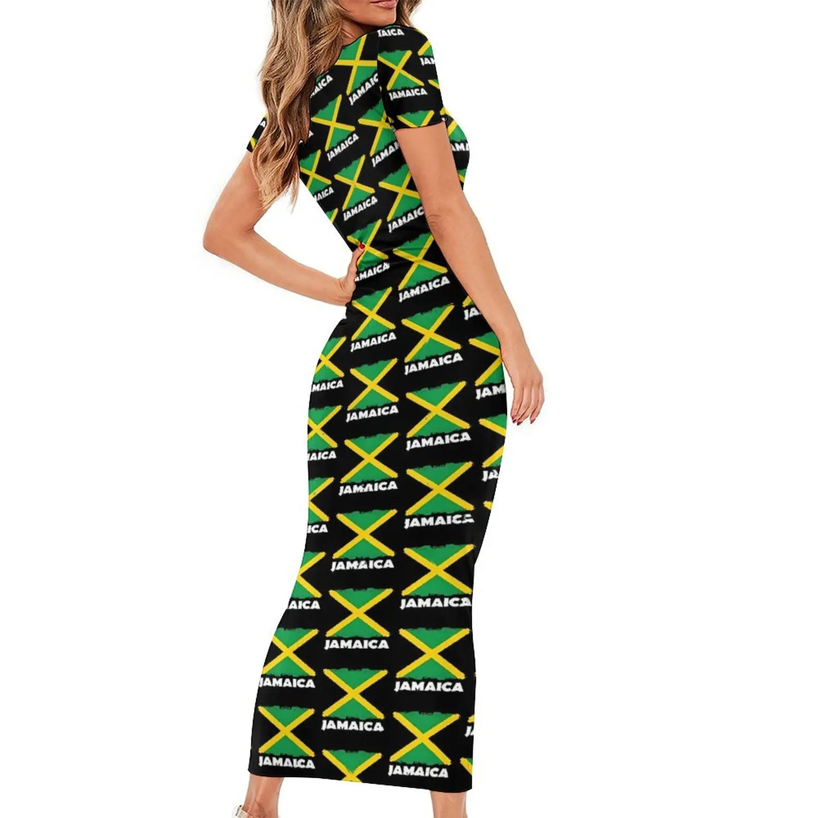 Jamaica Flag Print Bodycon Dress Women National Day Sexy Maxi Dresses Spring Short Sleeve Streetwear Design Oversize Dress