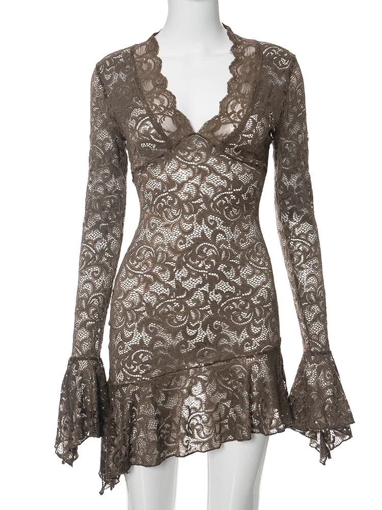 女性のパッチワークメッシュドレス,セクシー,ローカラー,フレアスリーブ,不規則なフリル,ミッドナイトのトレンド,タイトなミニドレス