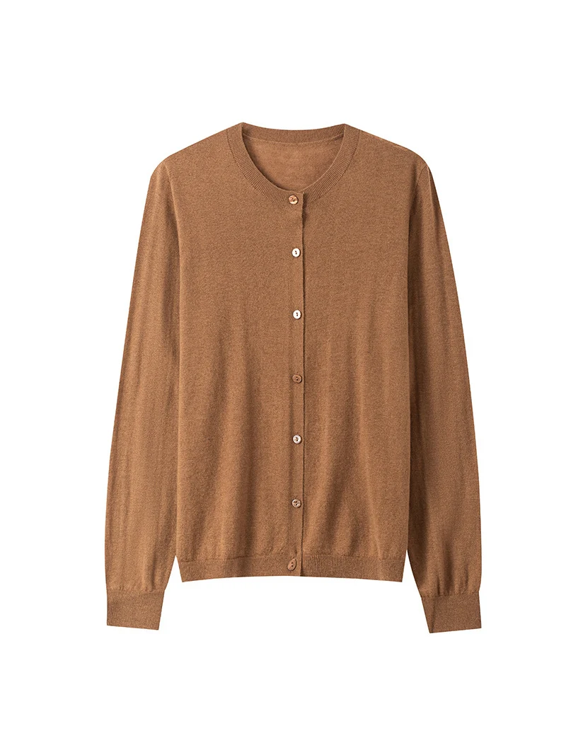 SuyaDream, 48S 100%Sheep Wool Cardigans For Woman, Round Collar Plain Sweaters, 2024 Fall Winter Jackets, Camel, White