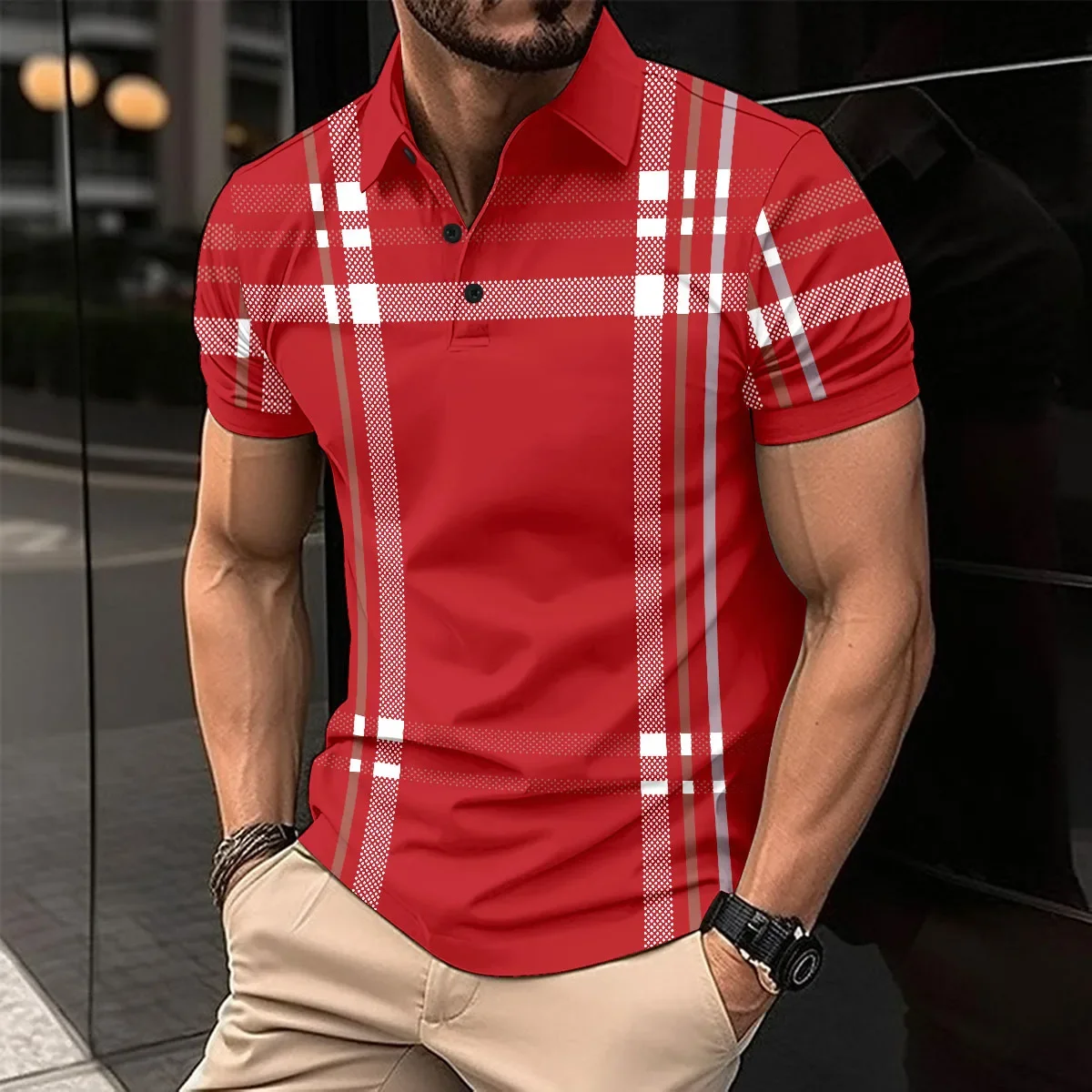 Camisa polo listrada de manga curta masculina, 3DPolo, top de lapela, roupa casual, respirável, tendência, negócios, escritório, verão, moda