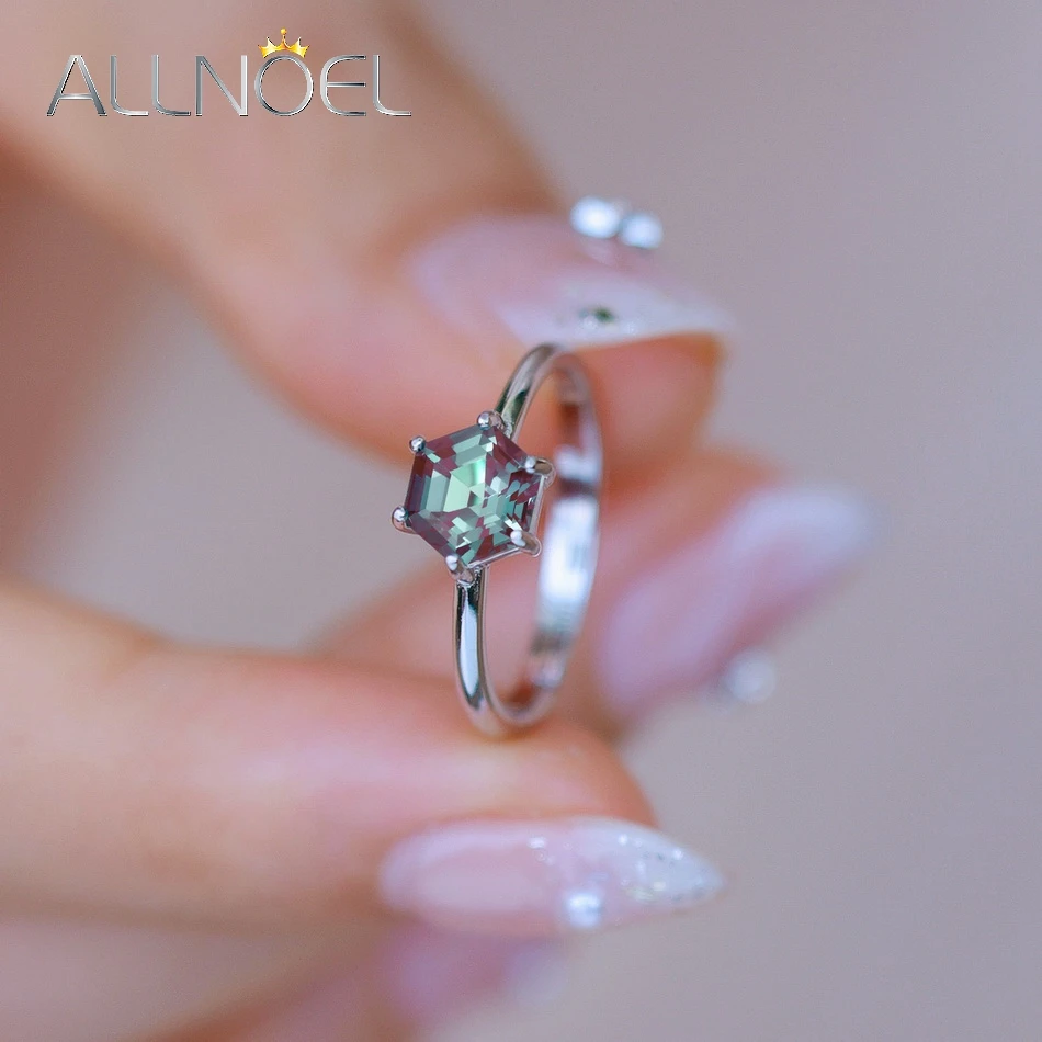 ALLNOEL Hexagon 1.84ct Alexandrite 925 Silver Open Ring for Woman June Birthstone Birthdday Gift Color Changing Gemstone Jewelry