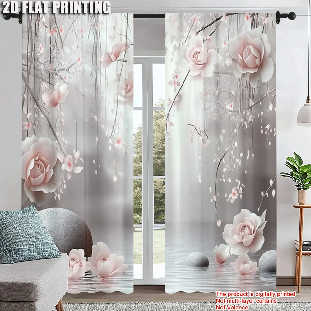 

2Pcs Elegant Pink Flowers Printed Window Curtain Rod Holewindow Curtain Decorative Curtains For Living Room Office Home