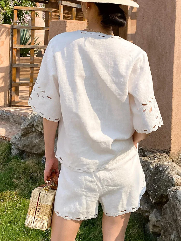 Summer 2025 Women's Embroidered Hollow out Cotton Linen ort Sve irt Set with orts V Ne Loose Fit Thin Material