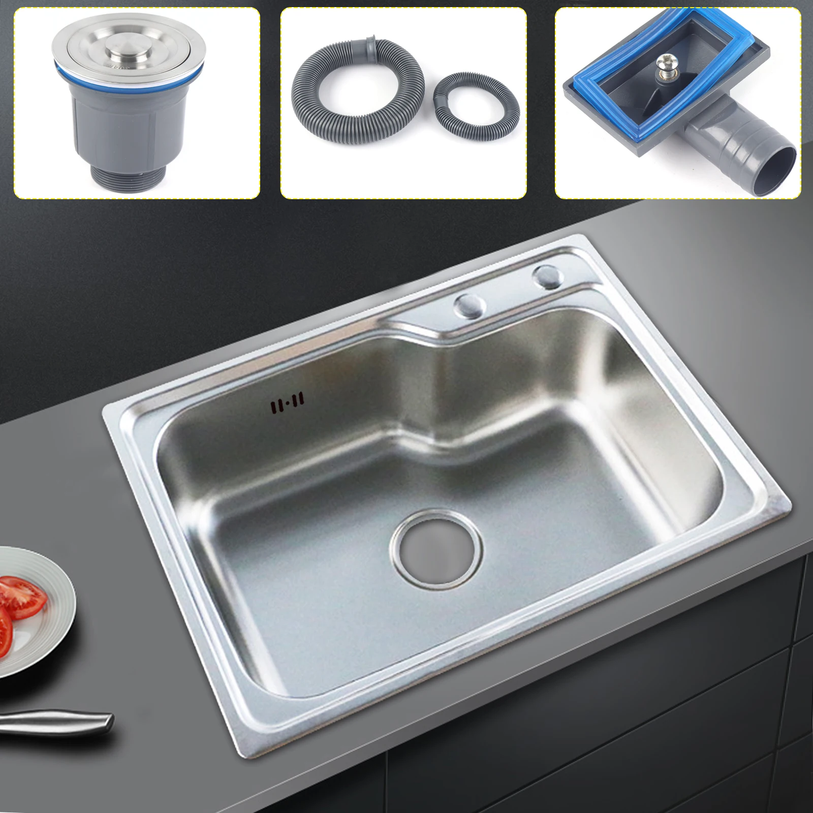 Kitchen Sink 304 Stainless Steel Embedded Sink with Drain Kit 62X45Cm Suitable for Kitchen Bathroom and Laundry Use