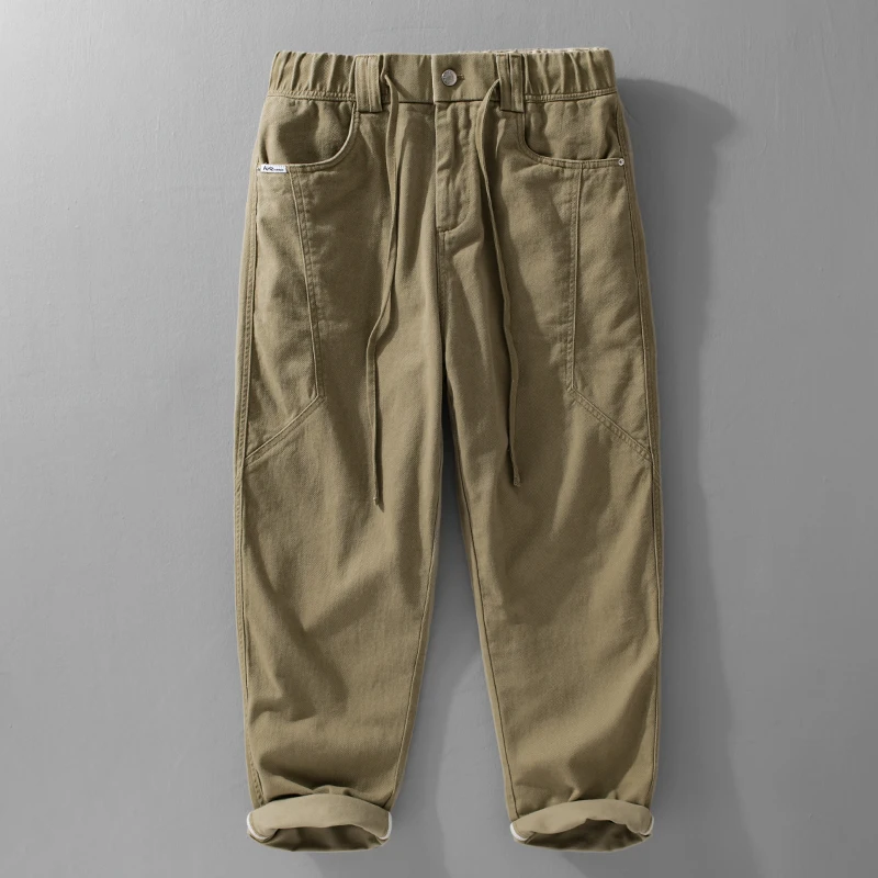 

2025 Spring Autumn New Casual Straight 100% Cotton Pants for Men Clothing Drawstring Solid Color Casual Men Trousers